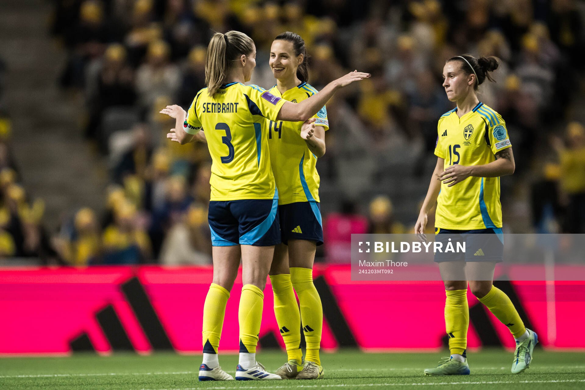 Linda Sembrant, Nathalie Björn, and Julia Zigiotti Olme of Sweden celebrating after the UEFA Women's Euro Qualifier play-off football match between Sweden and Serbia on December 3, 2024 in Stockholm.