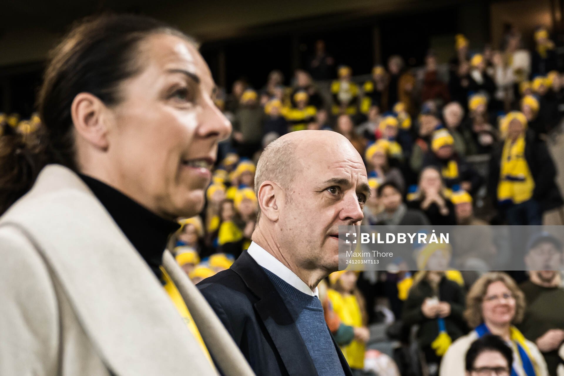 General secretary Andrea Möllerberg, Fredrik Reinfeldt, president of the Swedish Football Association after the UEFA Women's Euro Qualifier play-off football match between Sweden and Serbia on December 3, 2024 in Stockholm.