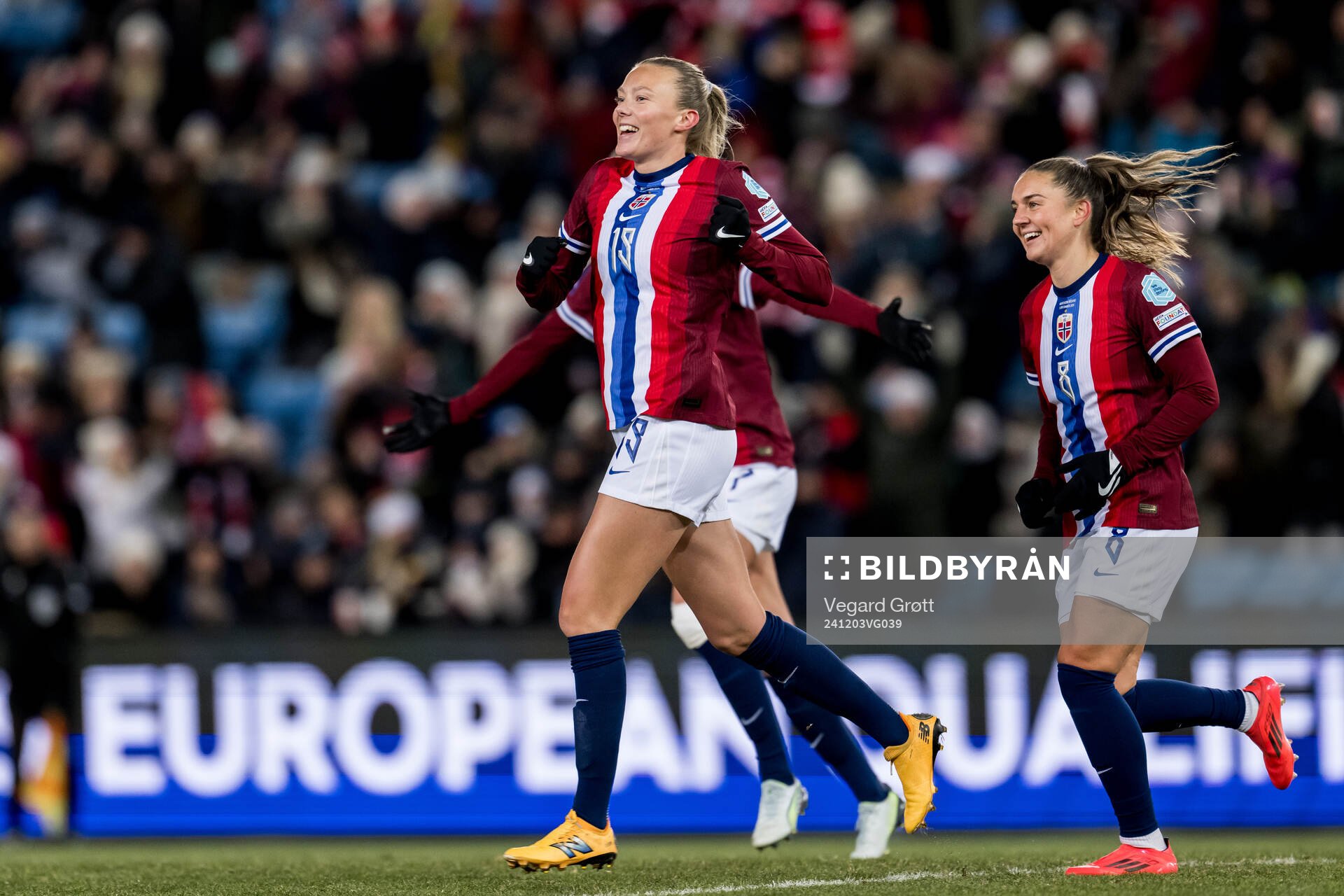 Synne Sofie Kinden Jensen of Norway celebrates scoring the 3-0 goal during the UEFA Women's Euro Qualifier second round play-off football match between Norway and Northern Ireland on December 3, 2024 in Oslo.