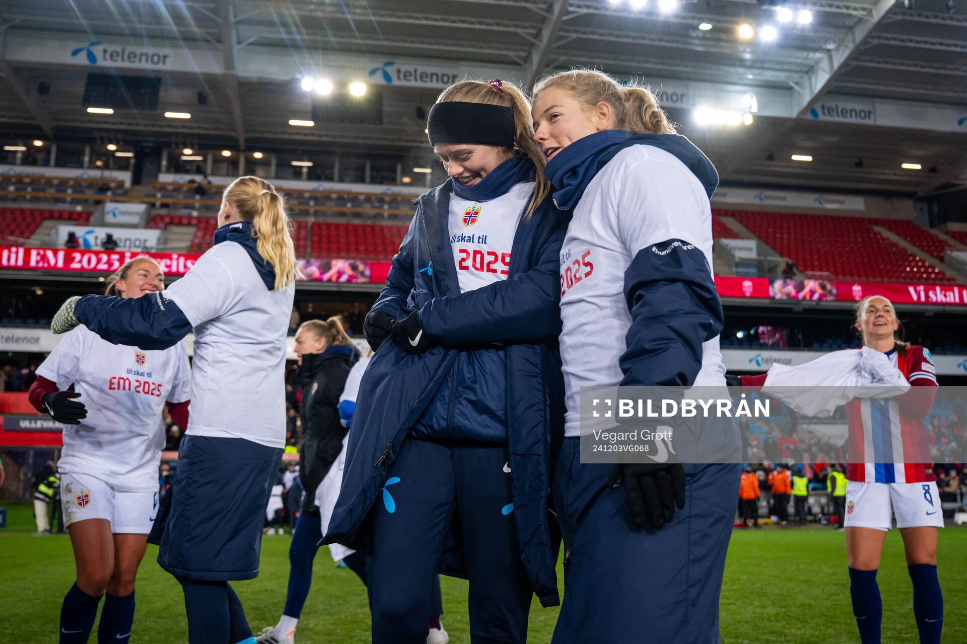 Mathilde Harviken and Justine Kielland of Norway after the UEFA Women's Euro Qualifier second round play-off football match between Norway and Northern Ireland on December 3, 2024 in Oslo.