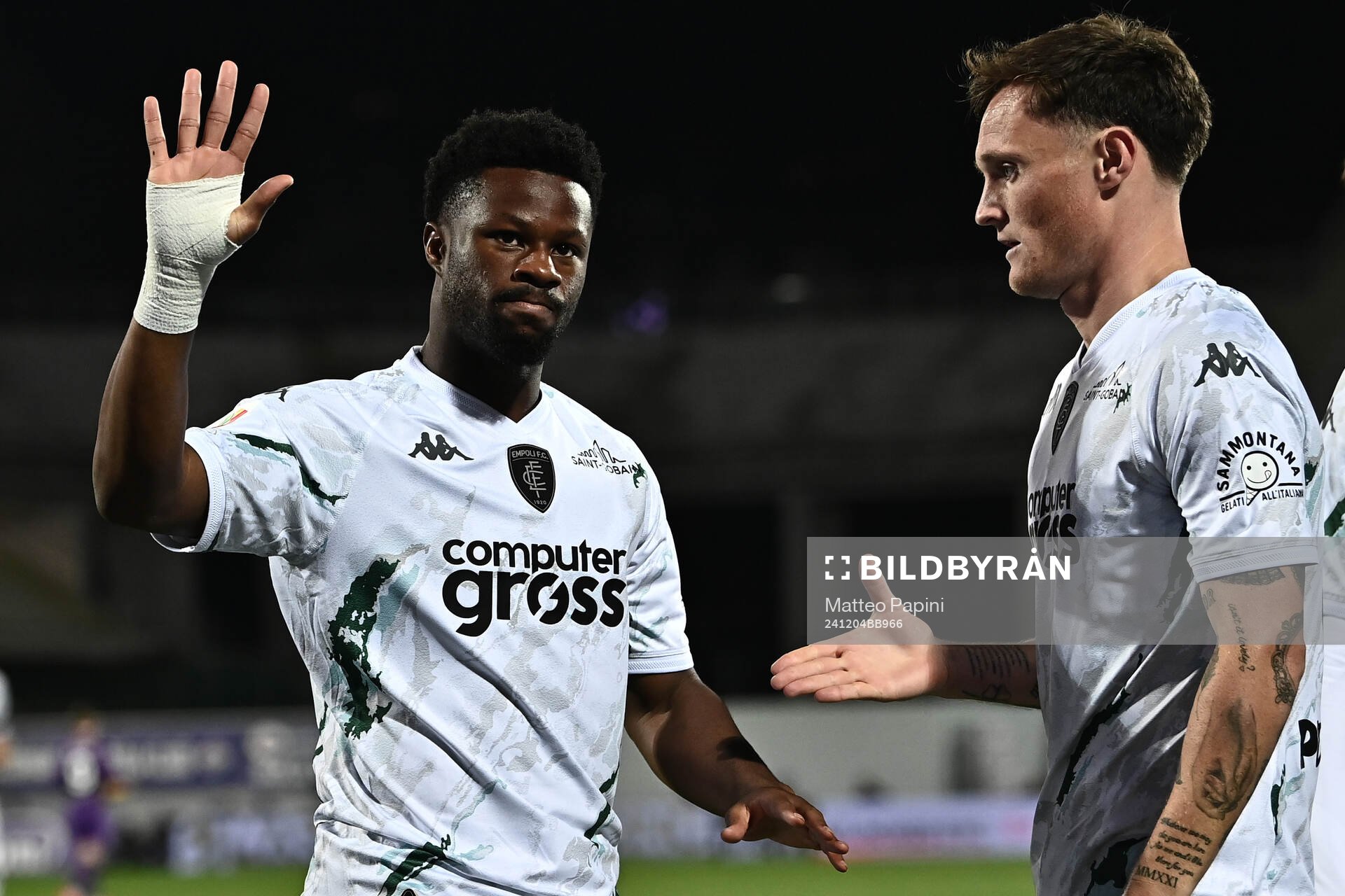 Emmanuel Ekong of Empoli celebrates  during the football match between Fiorentina and Empoli on December 4, 2024 in Florence. 