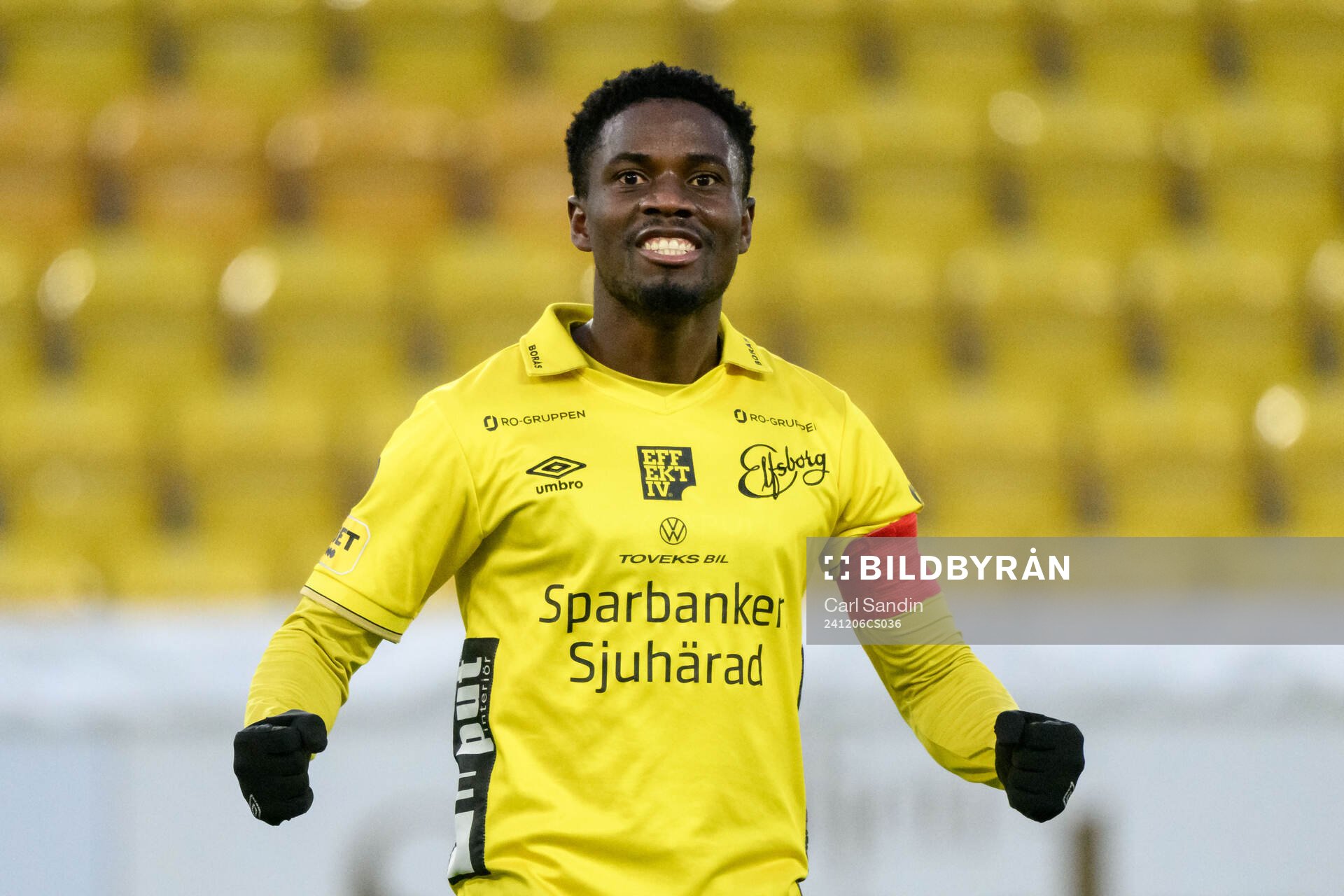 Elfsborgs Michael Baidoo jublar efter 3-1 under träningsmatchen i fotboll mellan Elfsborg och Häcken den 6 december 2024 i Borås. 