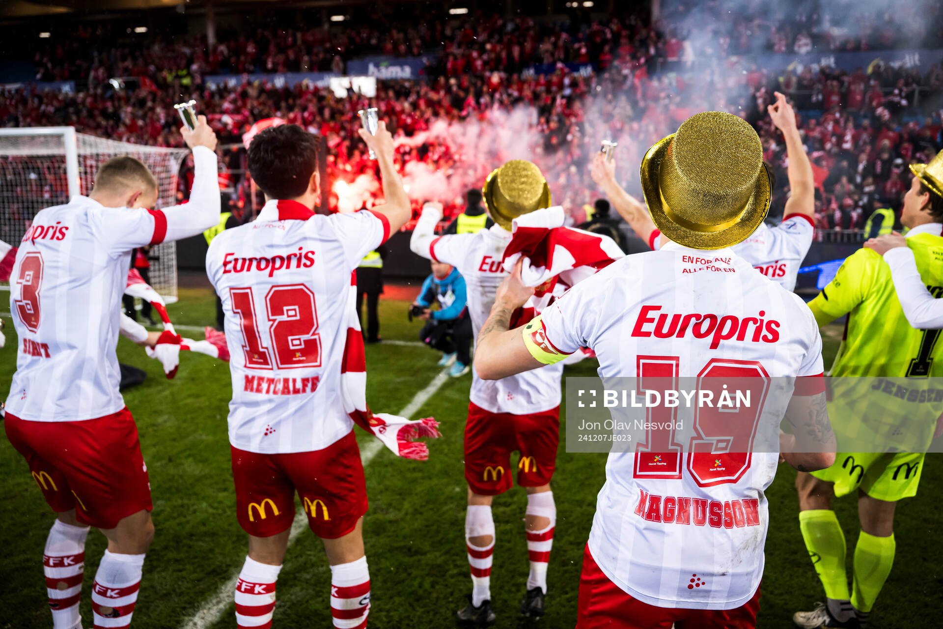 The players of Fredrikstad celebrate infront of their