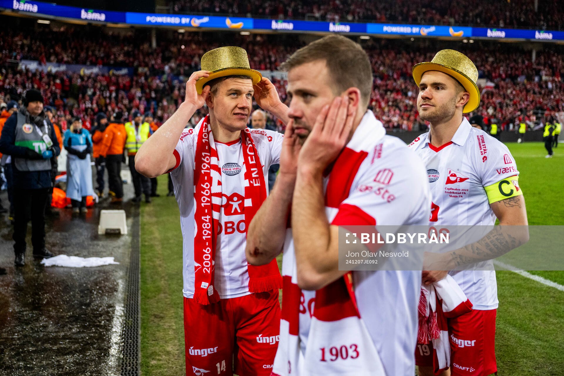 Joannes Bjartalid, Simen Rafn and Julius Magnusson of Fredrikstad after the cup final match between Fredrikstad and Molde on December 7, 2024 in Oslo.