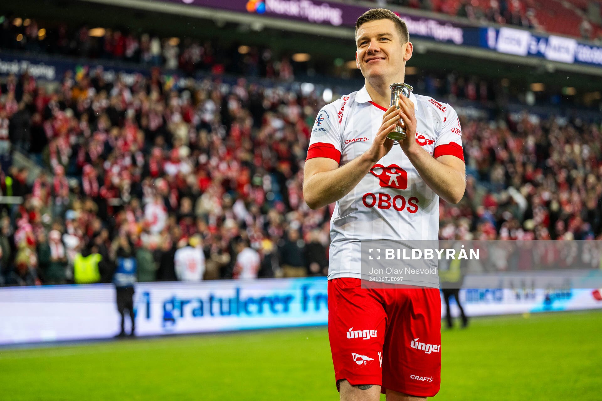 Joannes Bjartalid of Fredrikstad celebrates after the cup final match between Fredrikstad and Molde on December 7, 2024 in Oslo. 