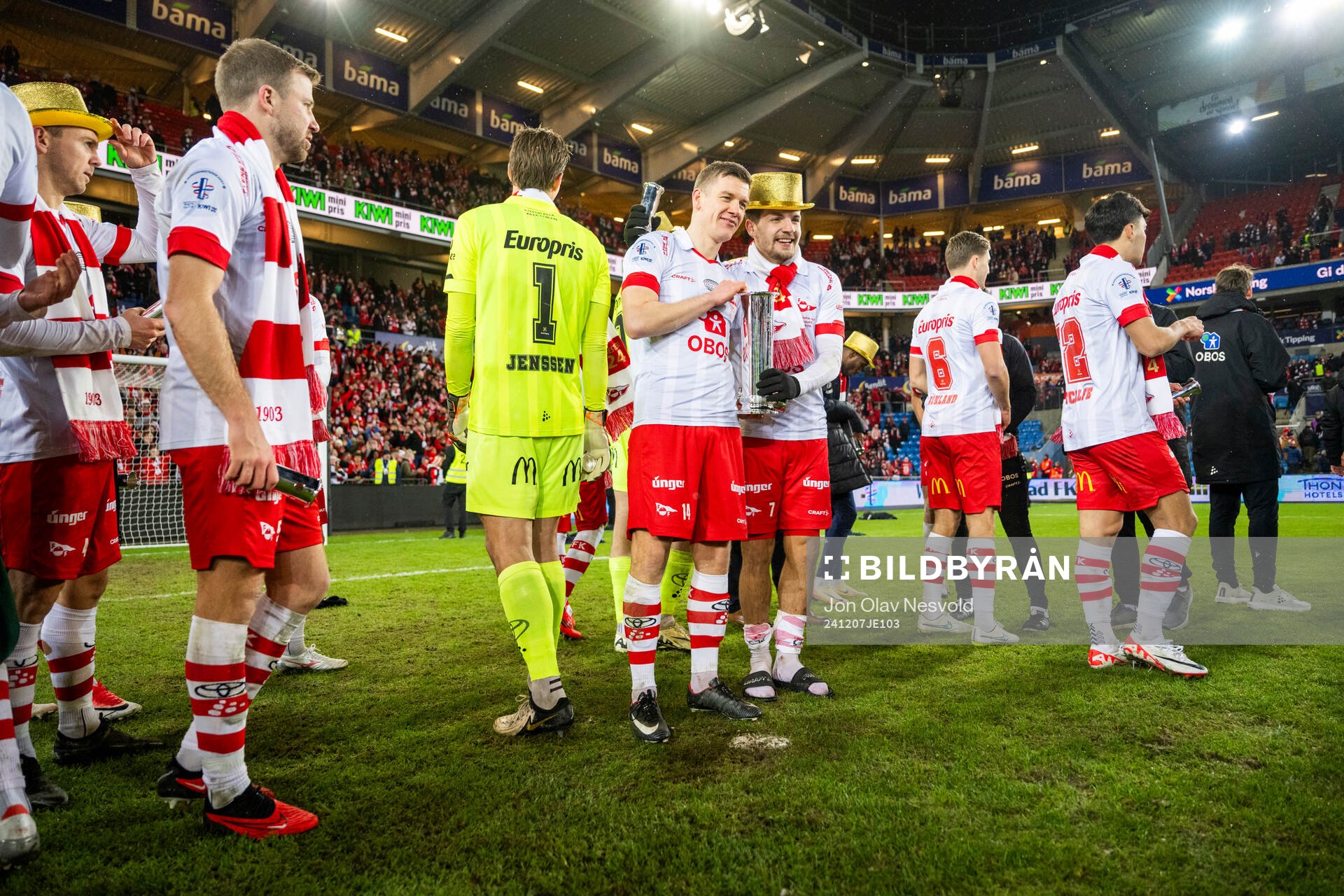 Joannes Bjartalid and Brandur Hendriksson Olsen of Fredrikstad celebrate after the cup final match between Fredrikstad and Molde on December 7, 2024 in Oslo.