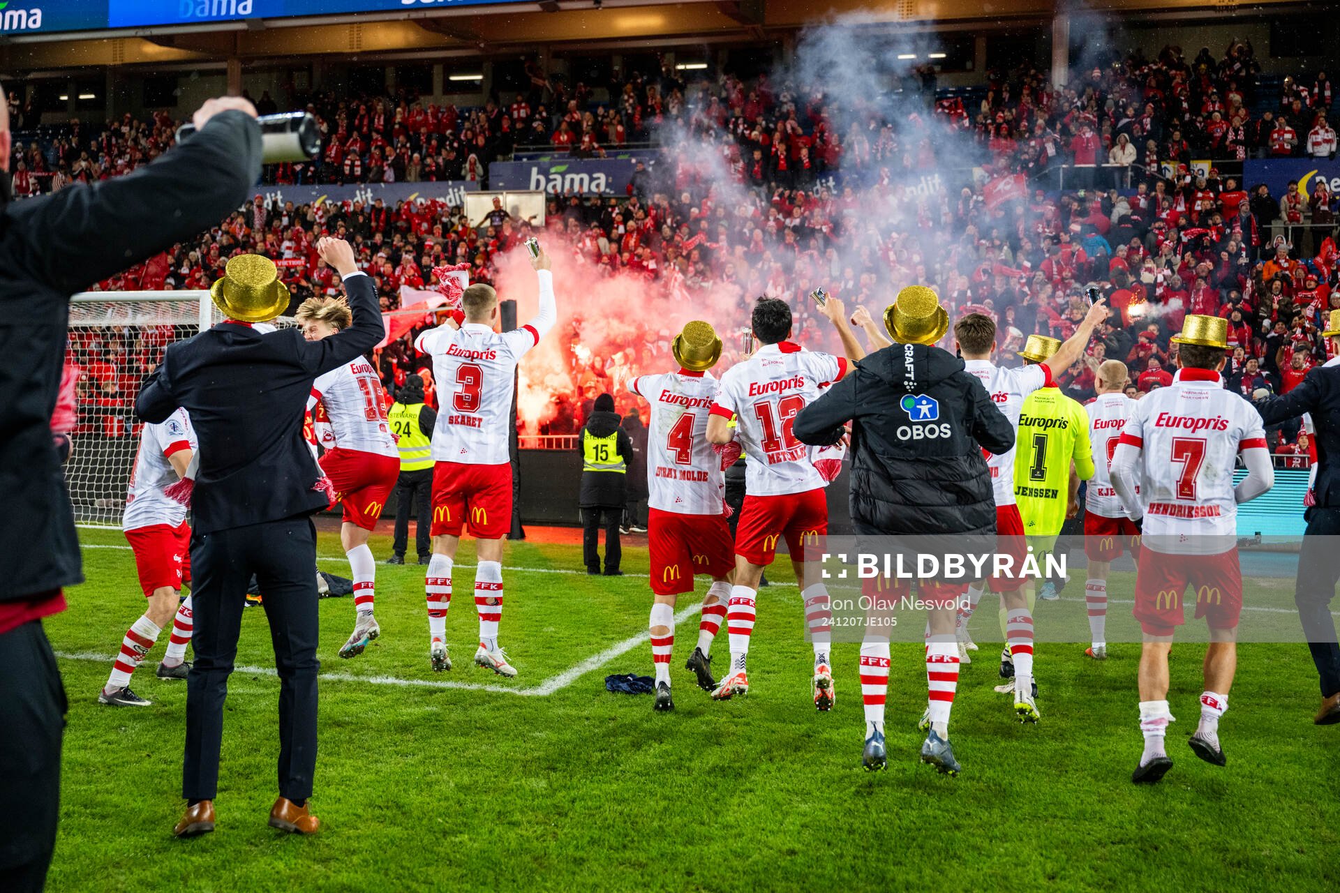Players of Fredrikstad celebrate after the cup final match between Fredrikstad and Molde on December 7, 2024 in Oslo. 