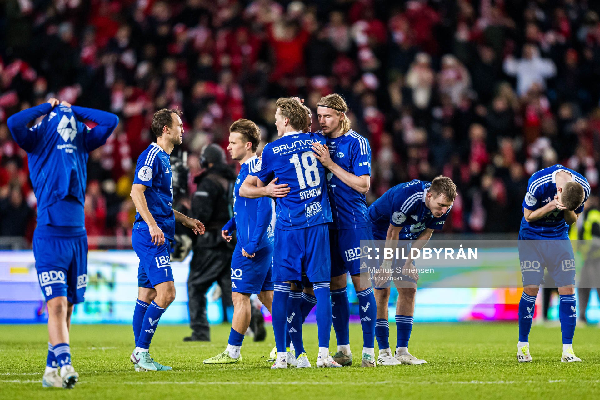 Magnus Wolff Eikrem, Halldor Østervold Stenevik, Eirik Haugan and Isak Helstad Amundsen of Molde looks dejected after the cup final match between Fredrikstad and Molde on December 7, 2024 in Oslo.