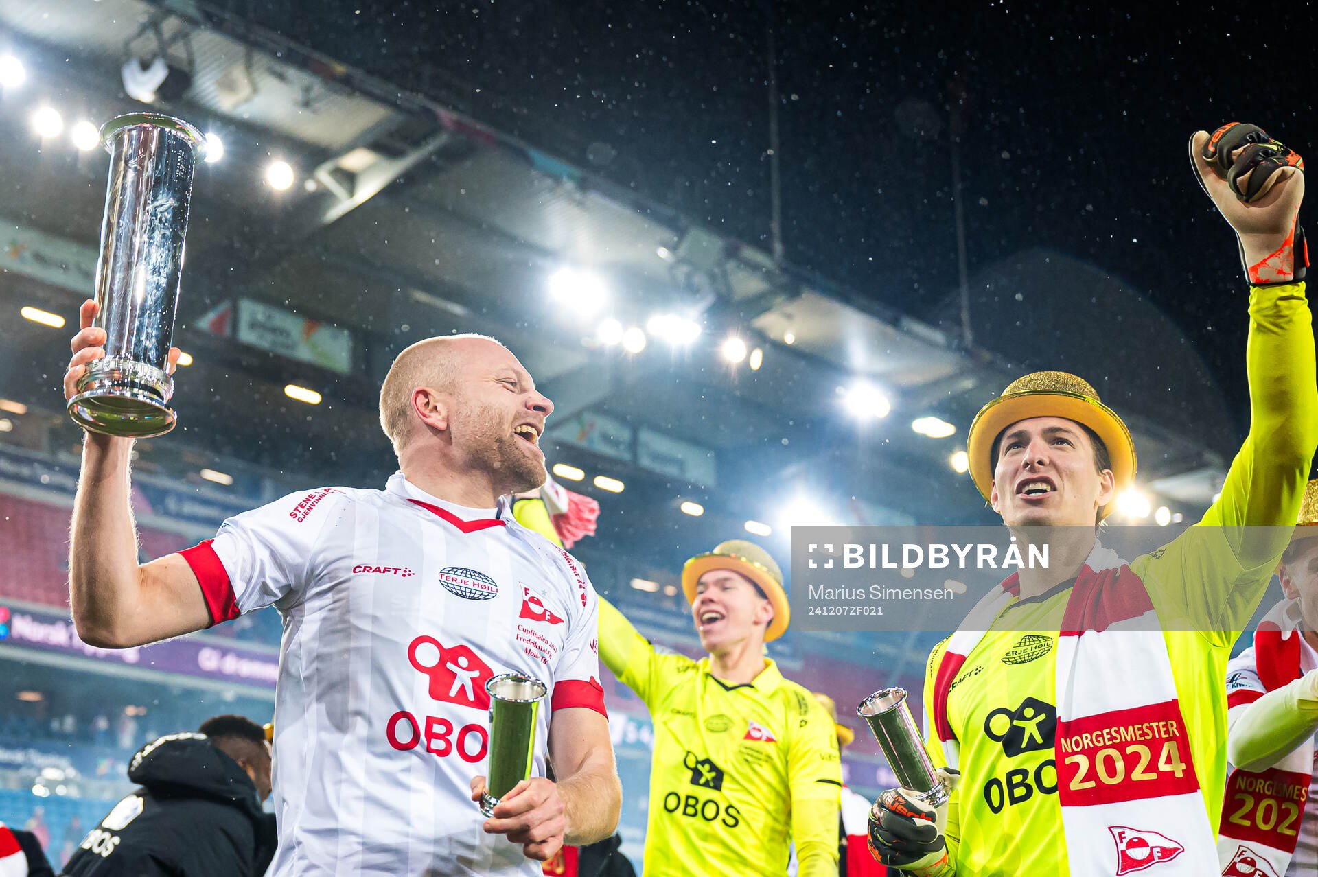 Henrik Kjelsrud Johansen and Håvar Grøntvedt Jenssen of Fredrikstad celebrates with the trophy after the cup final match between Fredrikstad and Molde on December 7, 2024 in Oslo.
