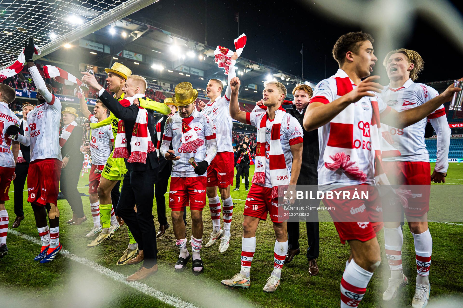 Brandur Hendriksson Olsen, Morten Bjørlo and Henrik Skogvold of Fredrikstad celebrates after the cup final match between Fredrikstad and Molde on December 7, 2024 in Oslo.
