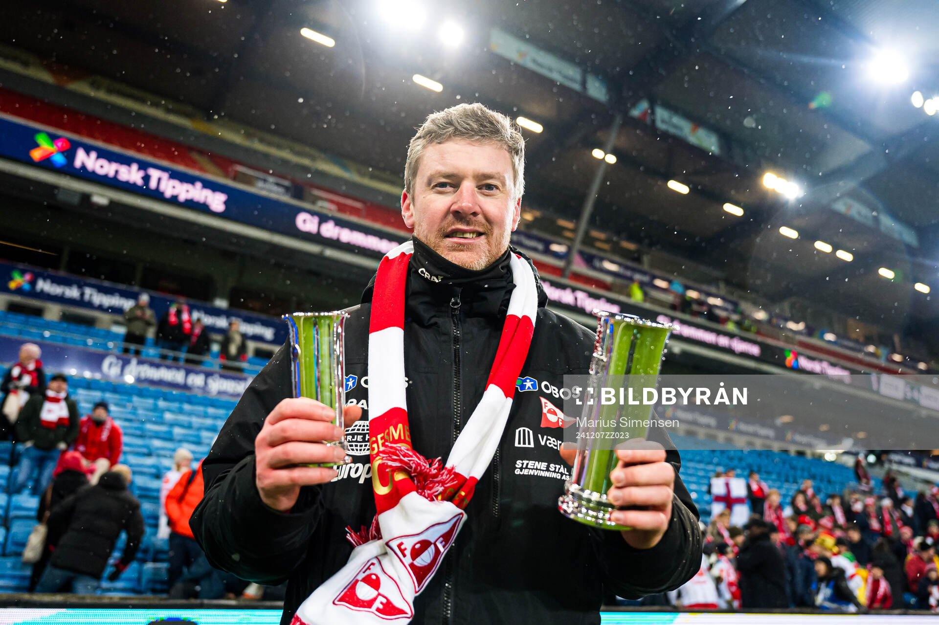 Andreas Hagen, head coach of Fredrikstad, celebrates with