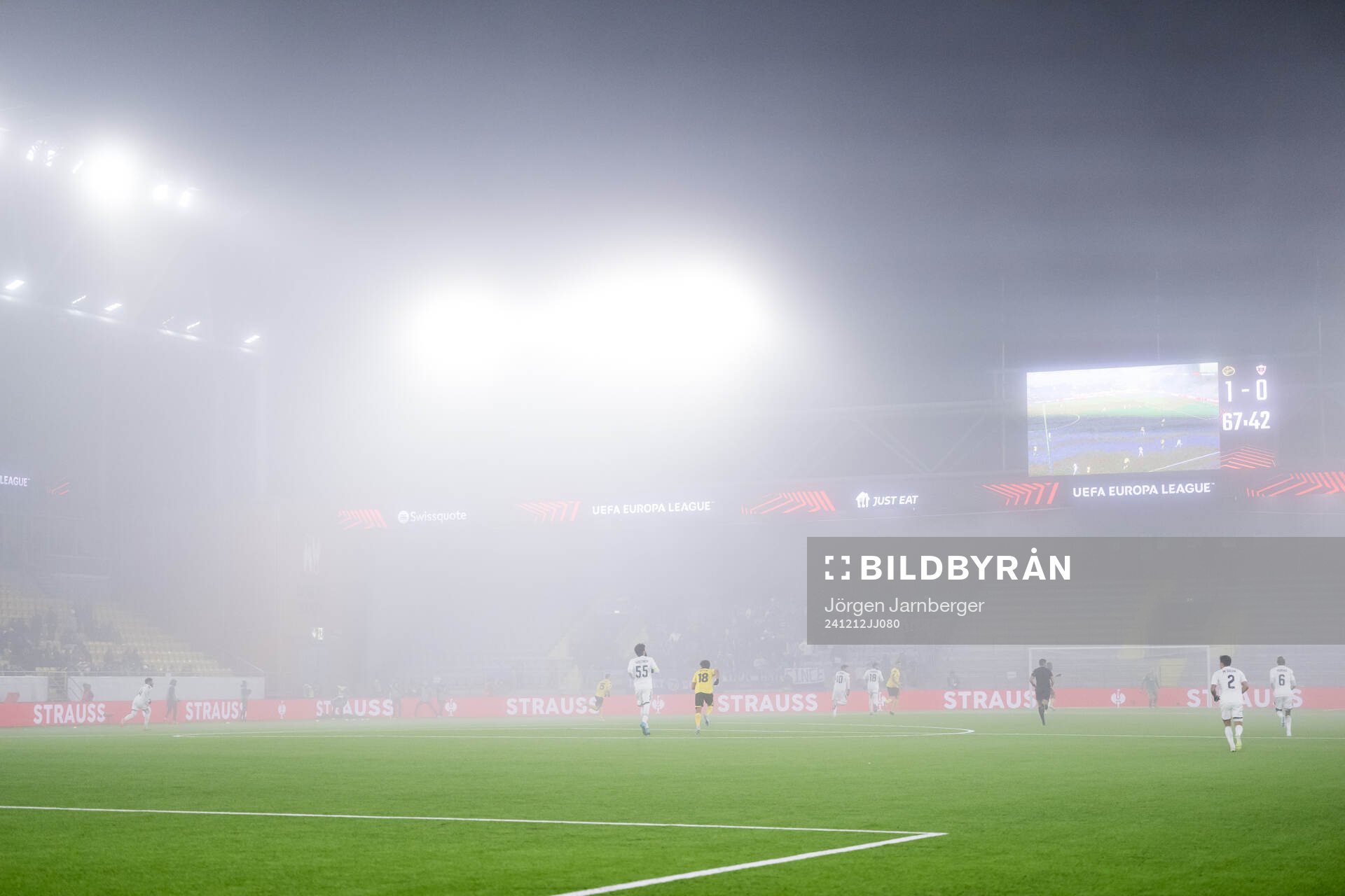 Fog over Borås Arena during the Europa League match between Elfsborg and Qarabag on December 12, 2024 in Borås. 
