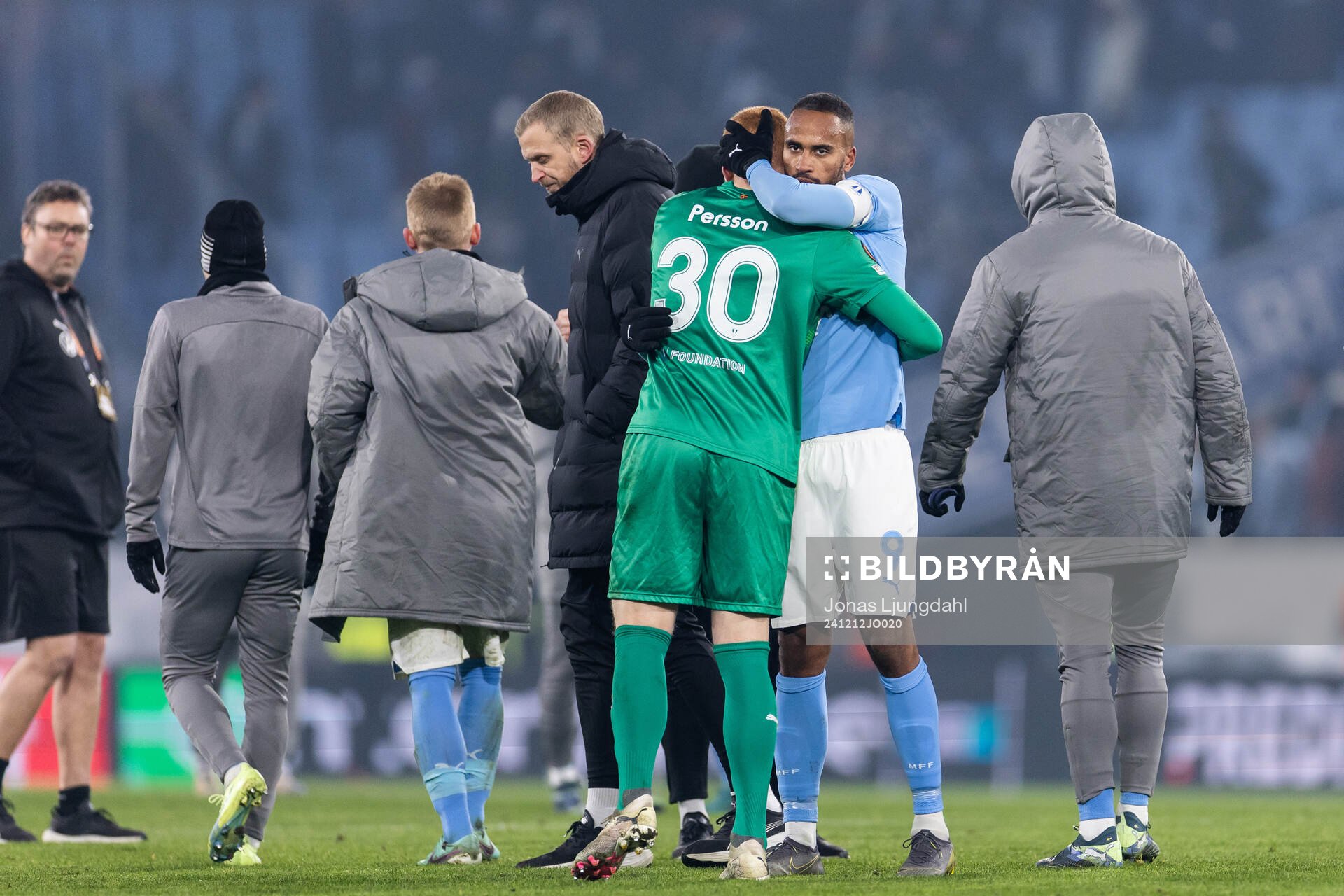 Goalkeeper Joakim Persson and Isaac Kiese Thelin of Malmö FF after the UEFA Europa League football match between Malmö FF and Galatasaray on December 12, 2024 in Malmö.