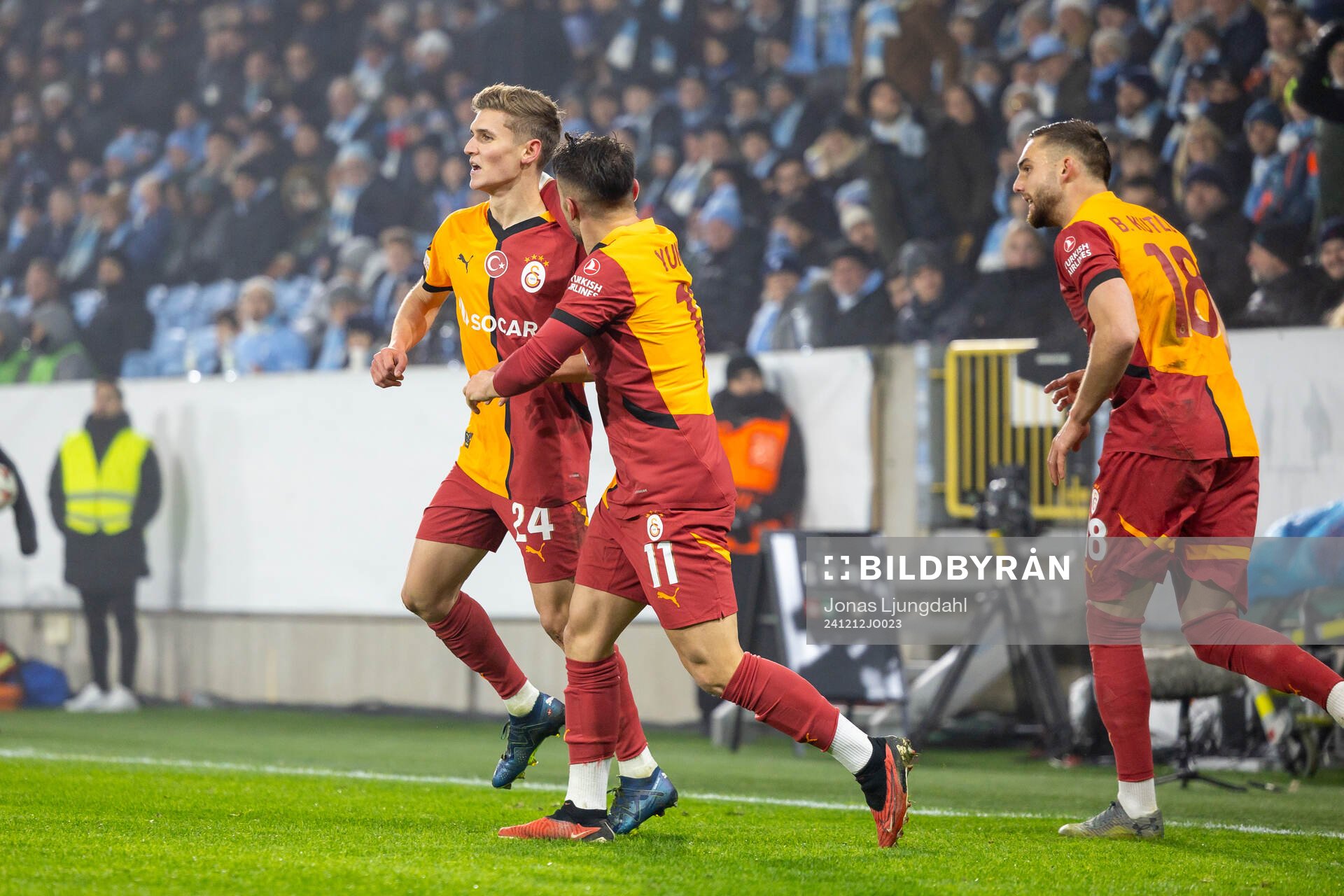 Elias Jelert and Yunus Akgun celebrates after the 1-1 goal during the UEFA Europa League football match between Malmö FF and Galatasaray on December 12, 2024 in Malmö.