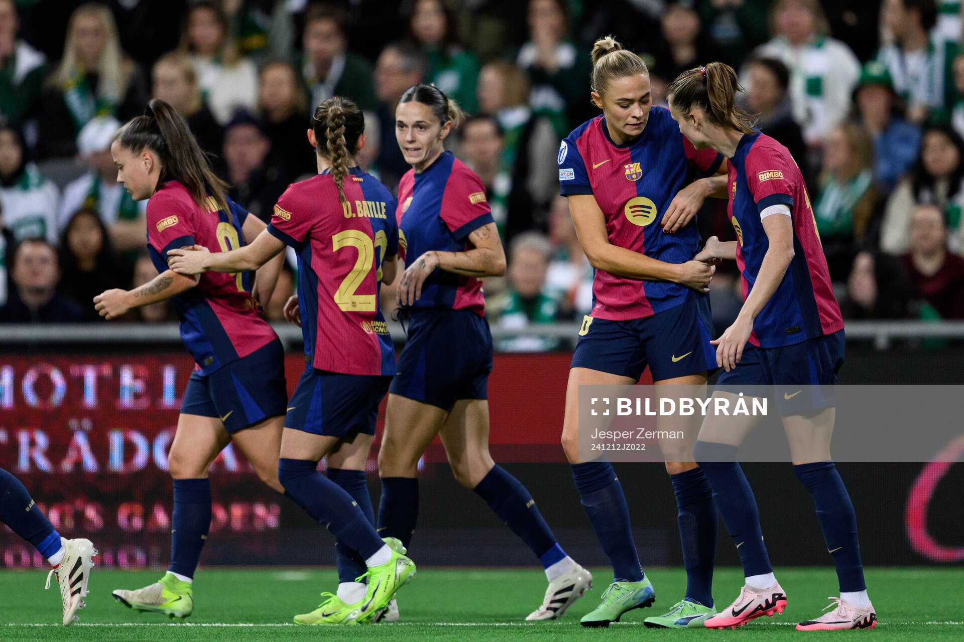 Fridolina Rolfö and Caroline Graham Hansen of Barcelona celebrate after 0-1 during the UEFA Women's Champions League football match between Hammarby and Barcelona on December 12, 2024 in Stockholm.