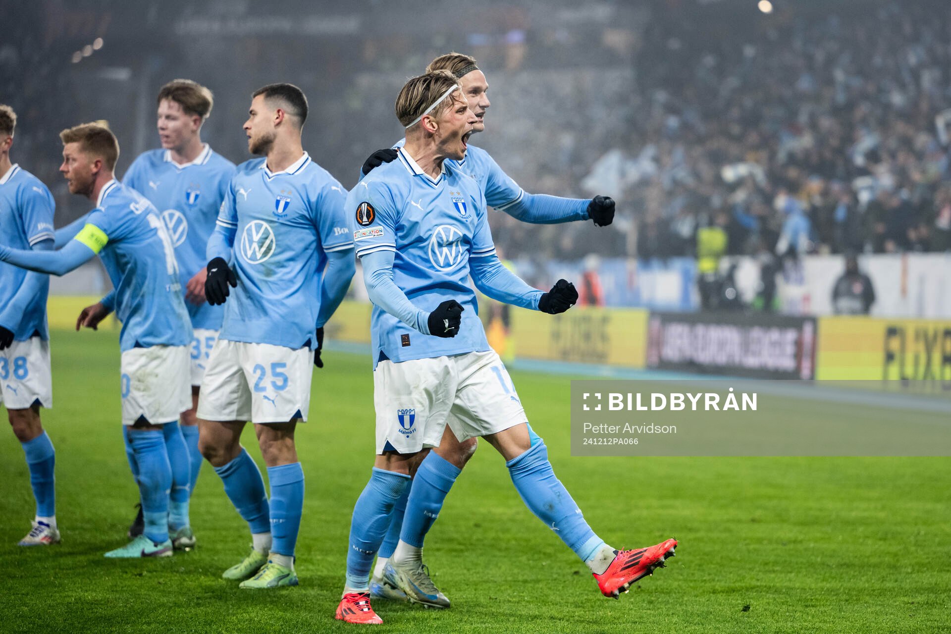 Jens Stryger Larsen and Erik Botheim of Malmö FF celebrate after 1-0 during the UEFA Europa League football match between Malmö FF and Galatasaray on December 12, 2024 in Malmö.