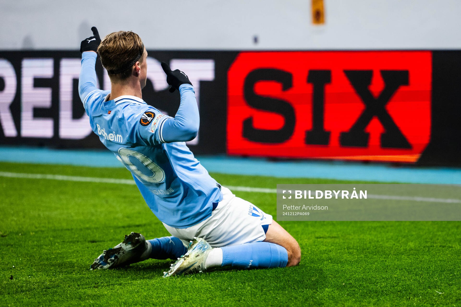 Erik Botheim of Malmö FF celebrates after scoring 1-0 during the UEFA Europa League football match between Malmö FF and Galatasaray on December 12, 2024 in Malmö.