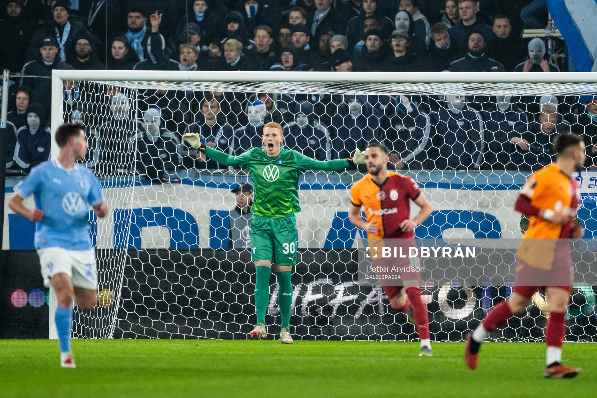 Goalkeeper Joakim Persson of Malmö FF reacts
