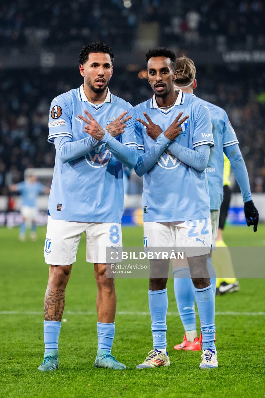 Sergio Pena and Taha Ali of Malmö FF celebrate