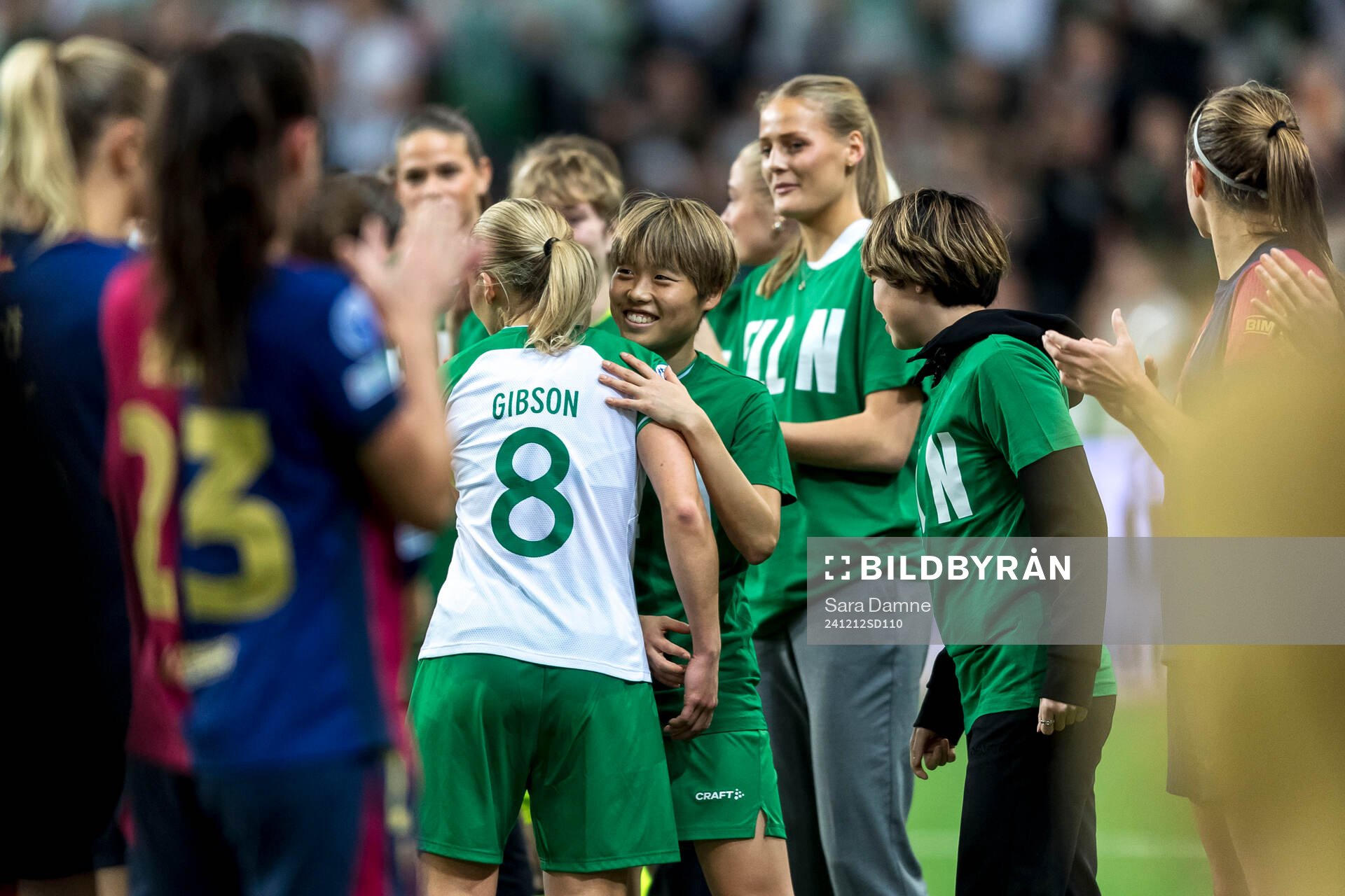 Ellen Gibson of Hammarby is celebrated by Suzu Amano as she