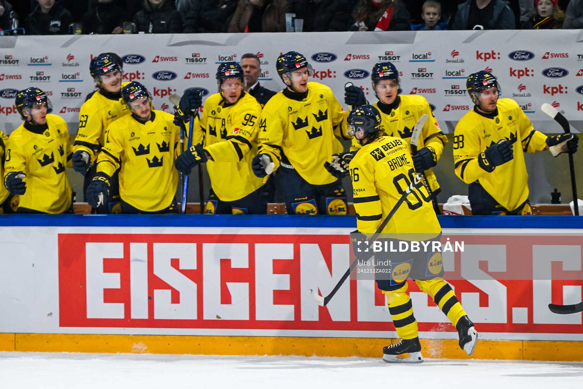 Mathias Brome of Sweden celebrates with team mates