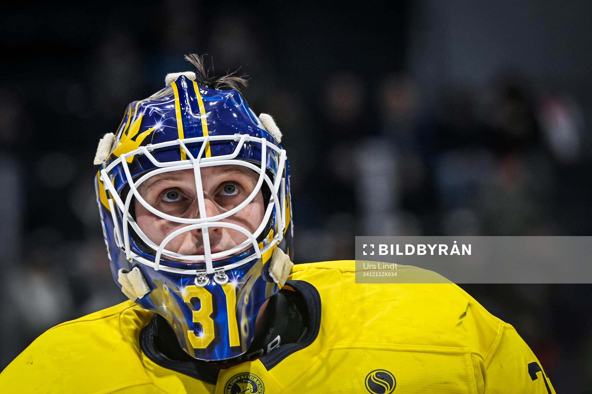 Goalkeeper Lars Johansson of Sweden in the ice hockey game