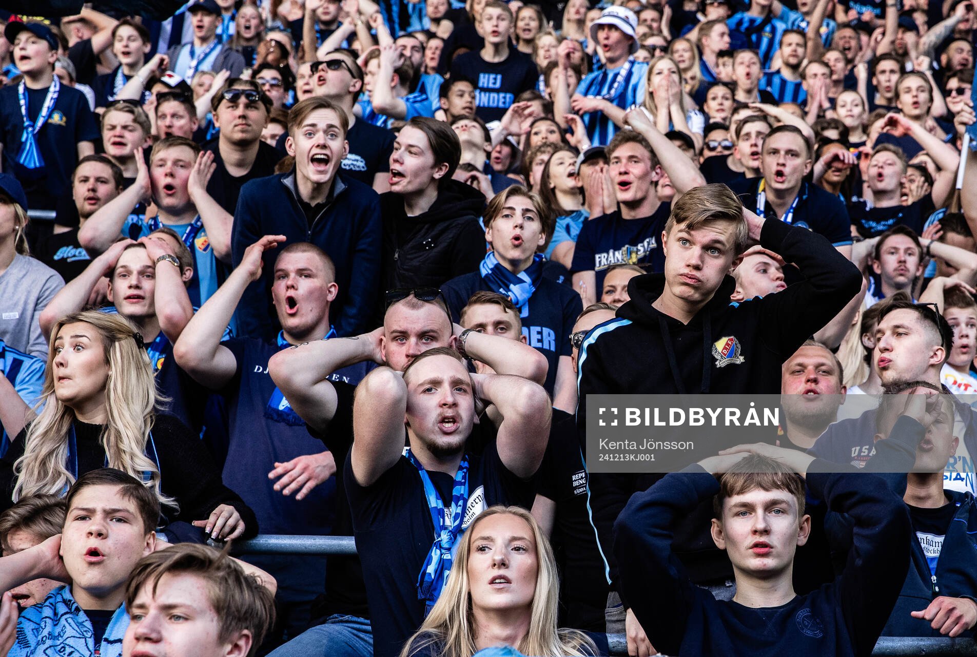 This picture is part of Bildbyrån’s selection of best sports photos from 2024. Originally published 240512 Djurgården spectators react during the Allsvenskan football match between Djurgården and Elfsborg on May 12, 2024 in Stockholm, Sweden.