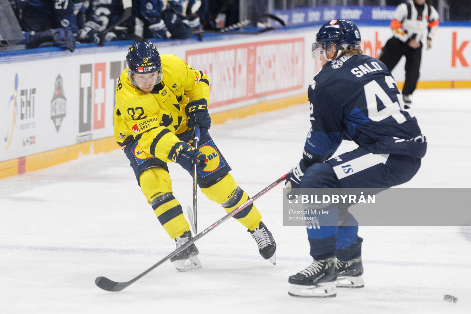 Jesper Frödén of Sweden in the ice hockey game between