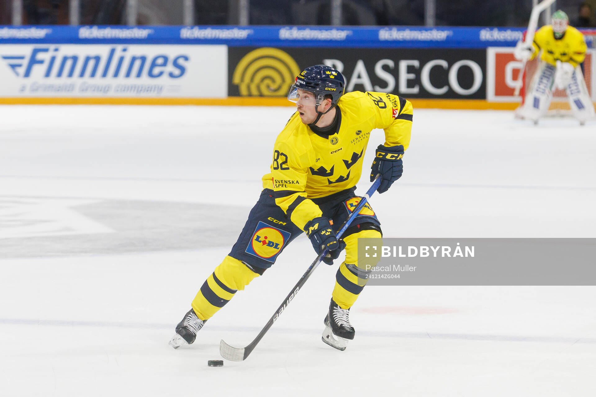 Jesper Frödén of Sweden in the ice hockey game between