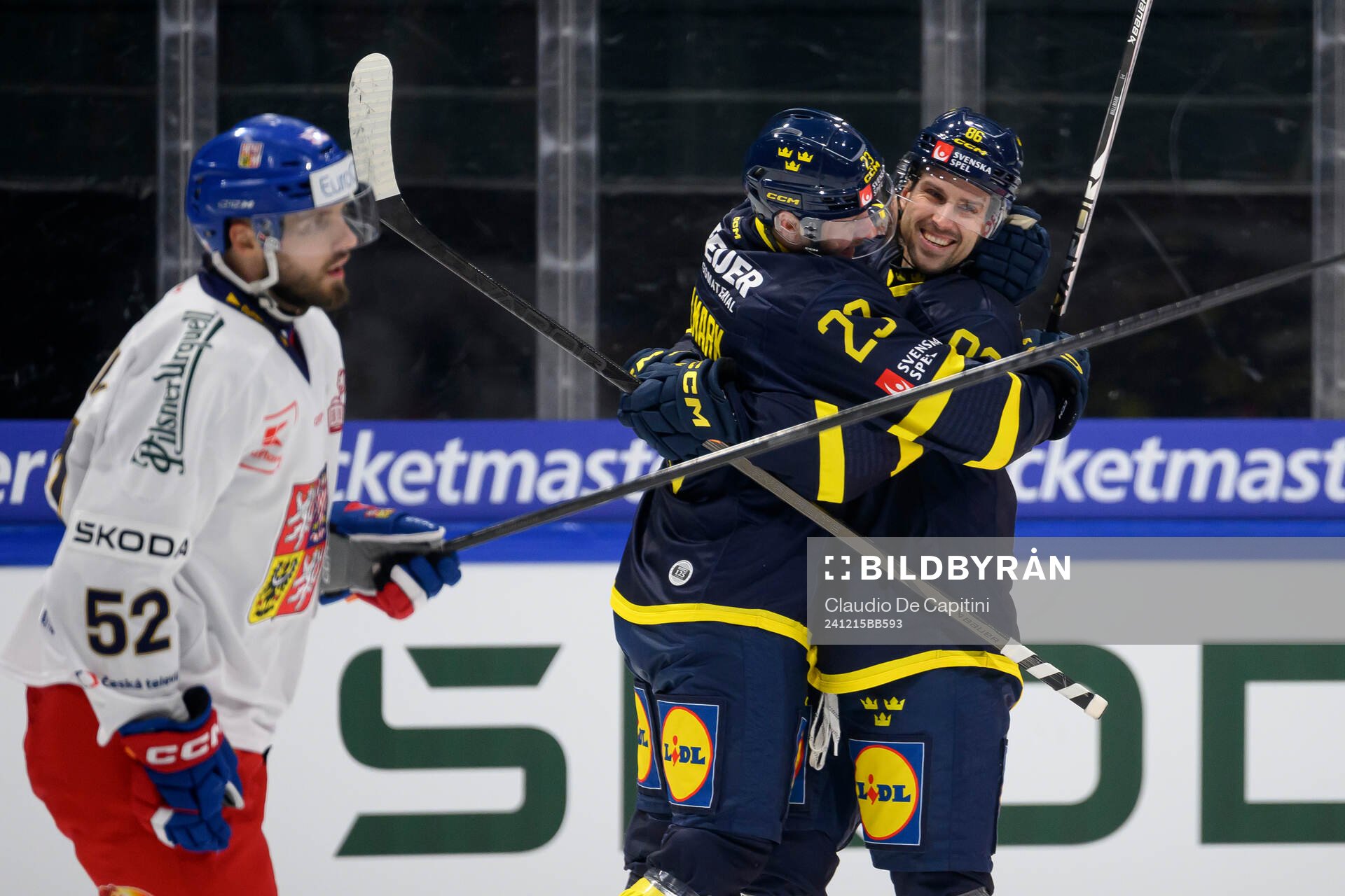 Lucas Wallmark and Mathias Bromé of Sweden celebrate in