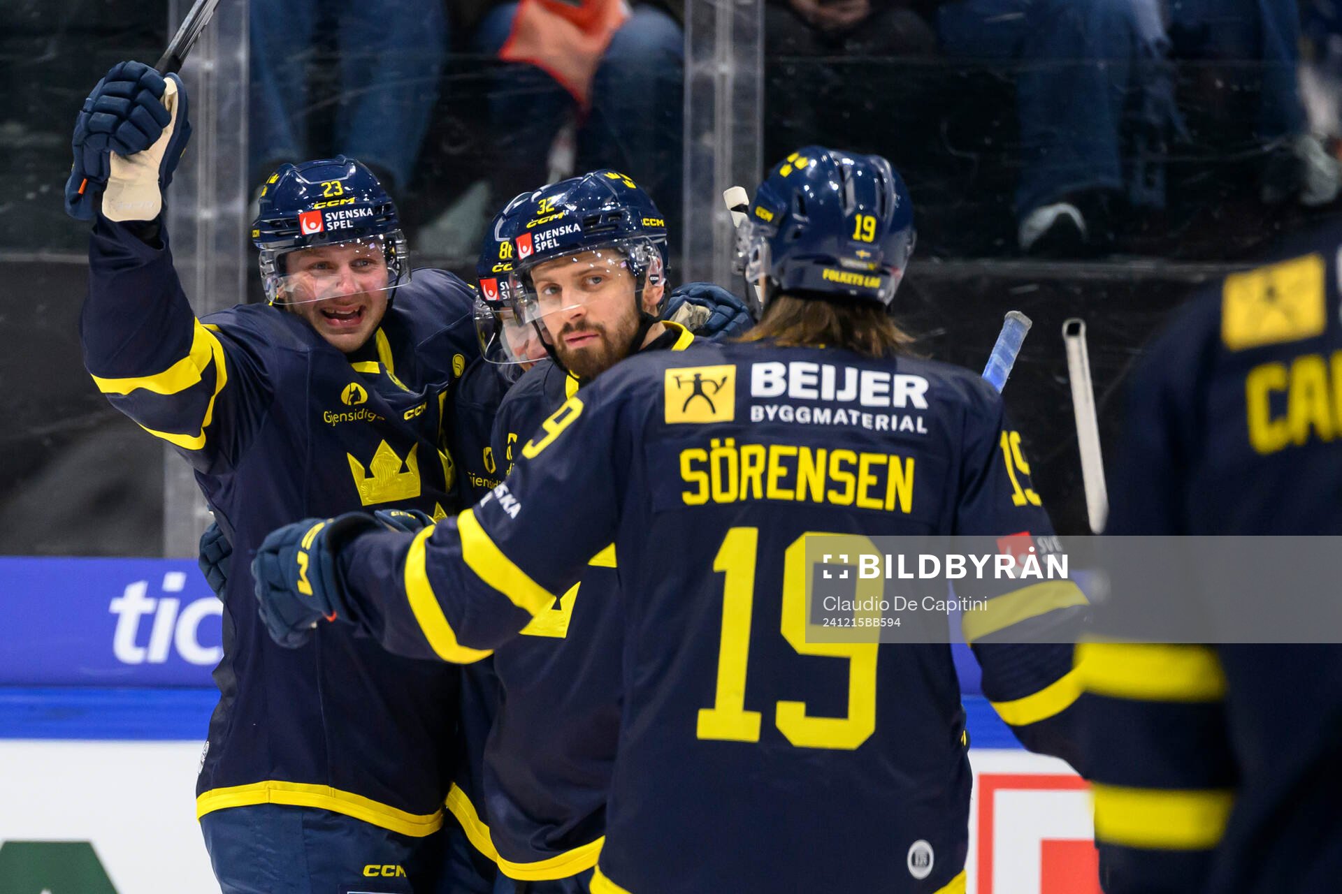 Lucas Wallmark of Sweden celebrates in the ice hockey game