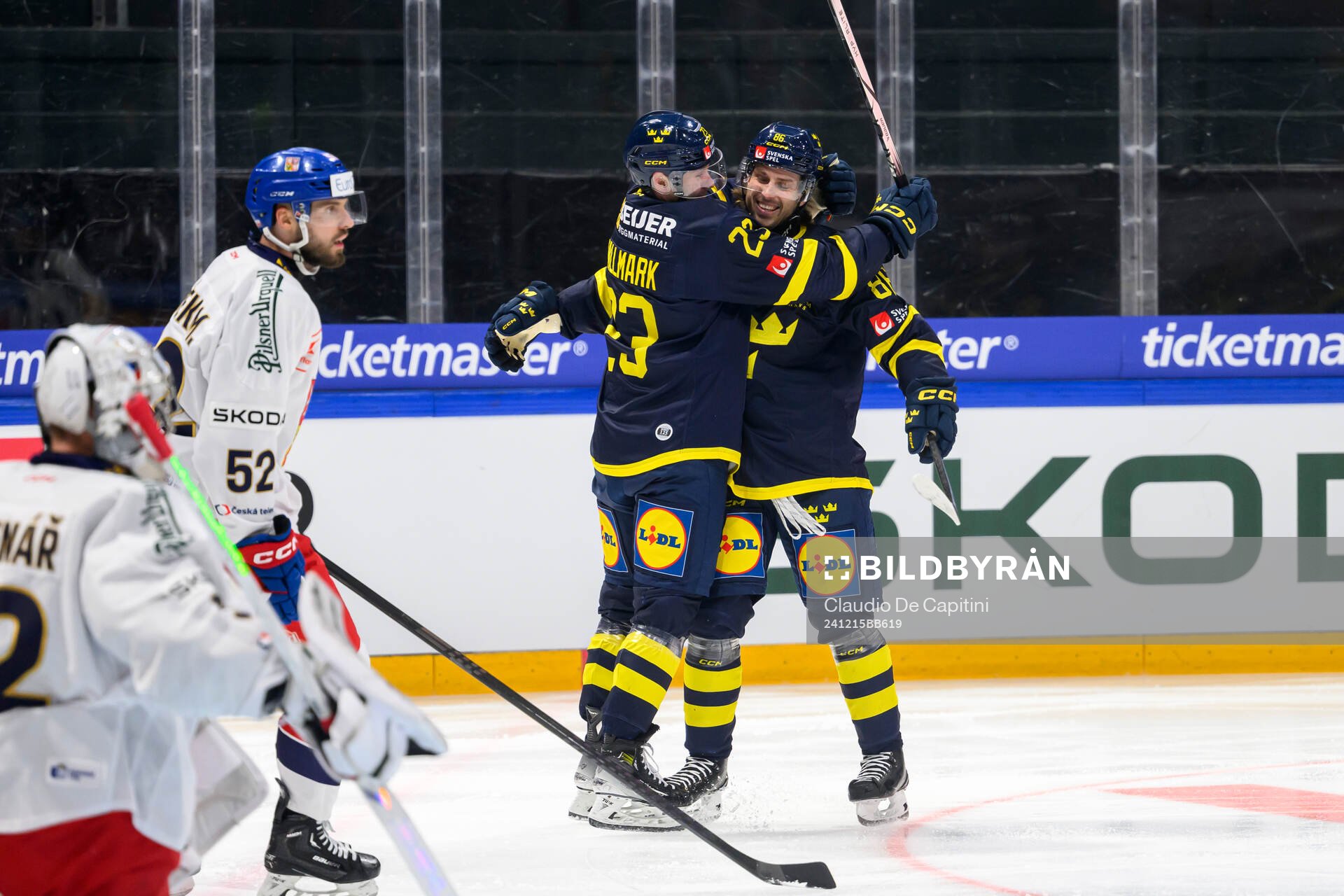 Lucas Wallmark and Mathias Bromé of Sweden celebrate in