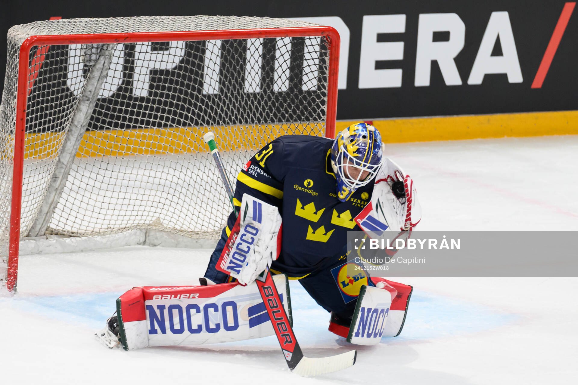 Goaltender Lars Johansson of Sweden in the ice hockey game