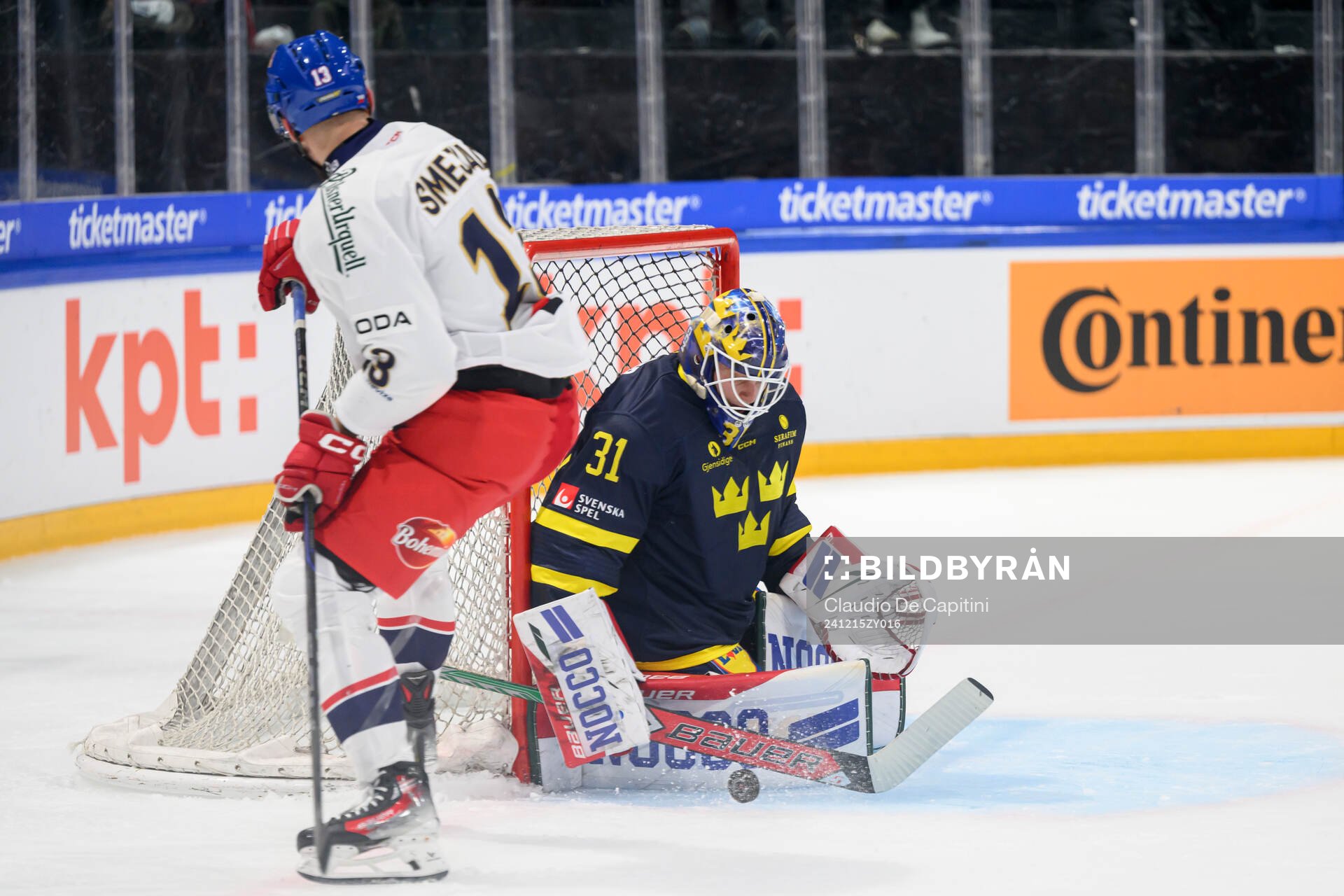 Goaltender Lars Johansson of Sweden in the ice hockey game