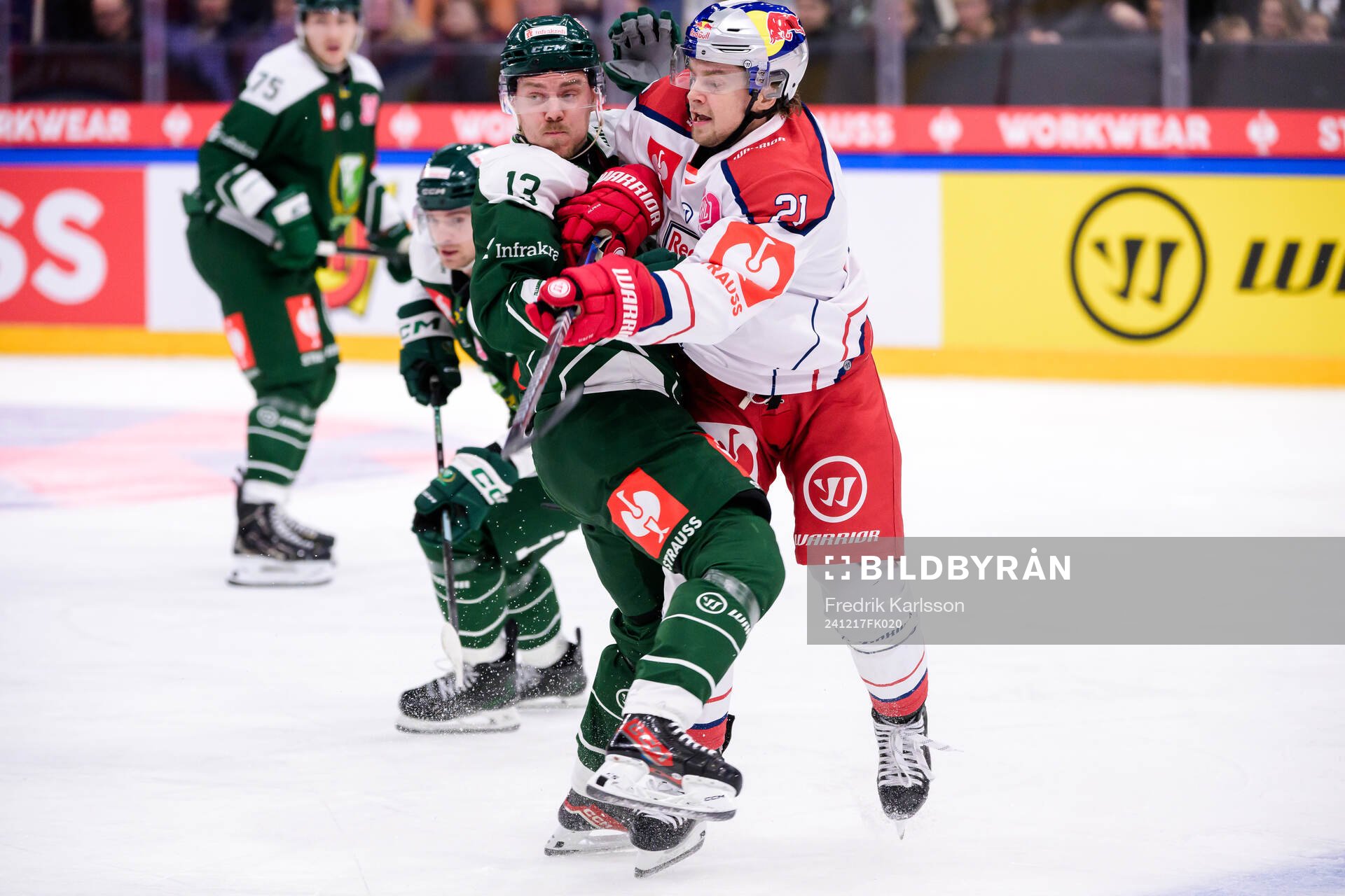Joel Kellman of Färjestad  and Troy Bourke of EC Red Bull