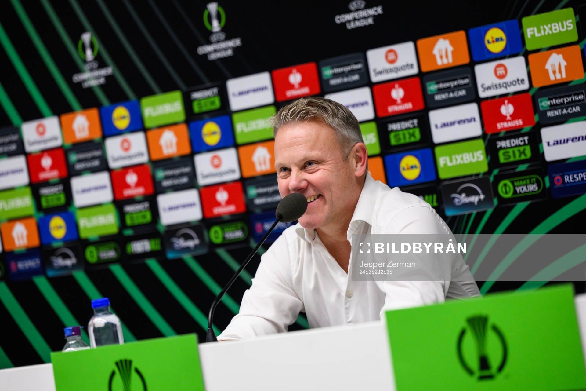 Head coach Roberth Björknesjö of Djurgården at a press conference after the UEFA Conference League match between Djurgården and Legia Warszawa on December 19, 2024 in Stockholm.