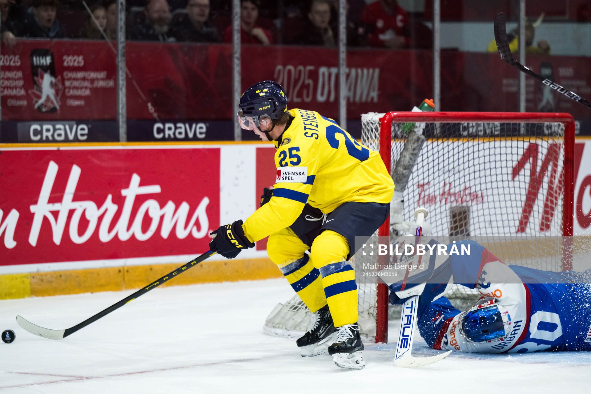 Otto Stenberg of Sweden and goaltender Samuel Urban of