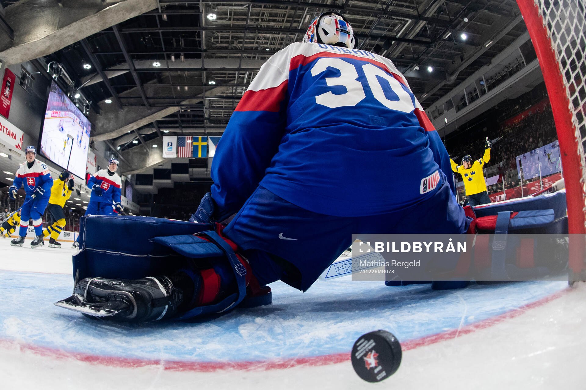 Axel Sandin-Pellikka of Sweden scores 1-4 behind goaltender