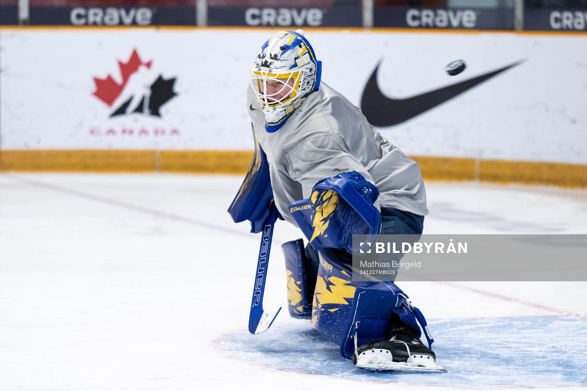 Goaltender Melker Thelin of Sweden at a practice session
