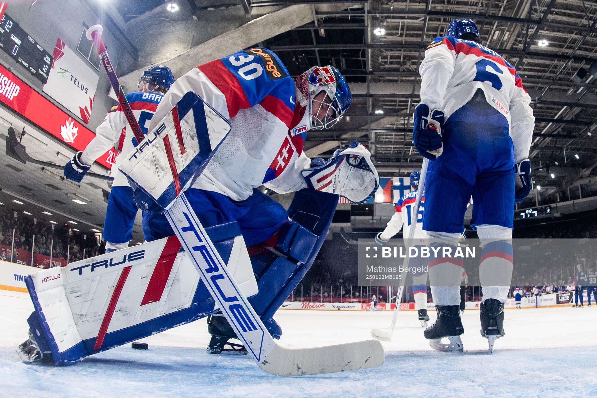 Goaltender Samuel Urban and Jakub Chromiak of Slovakia look