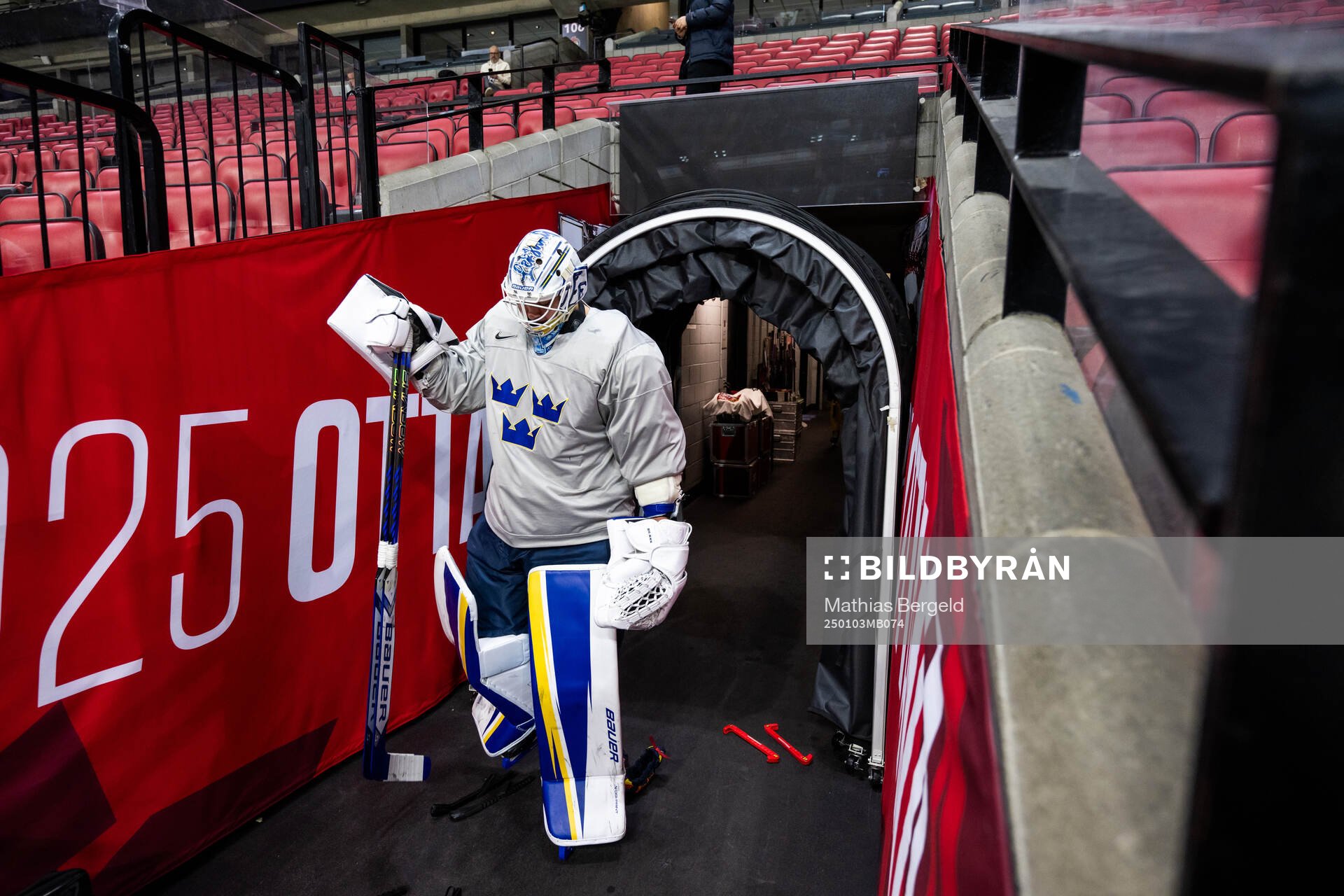 Goaltender Marcus Gidlöf of Sweden at a practice session