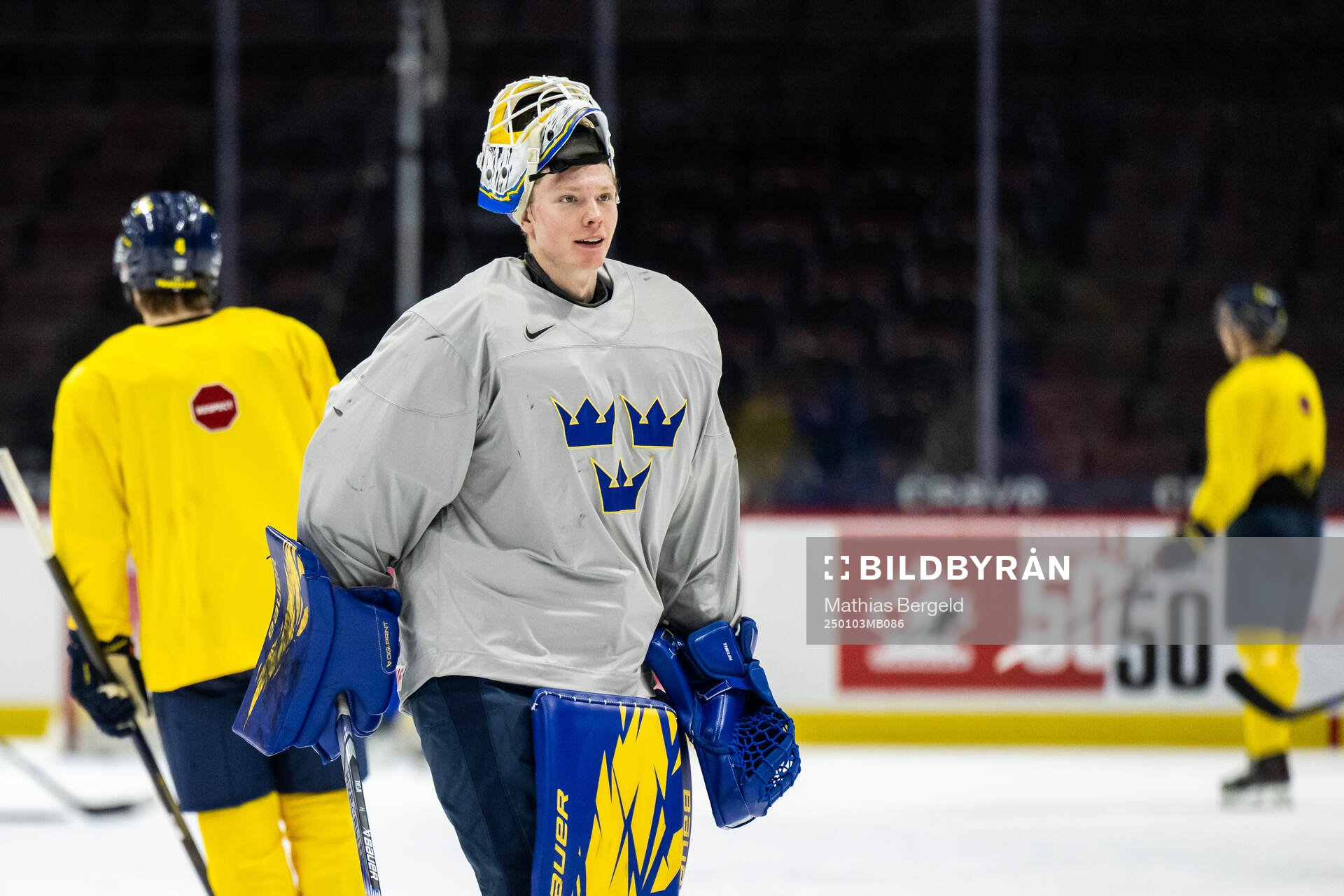 Goaltender Melker Thelin of Sweden at a practice session