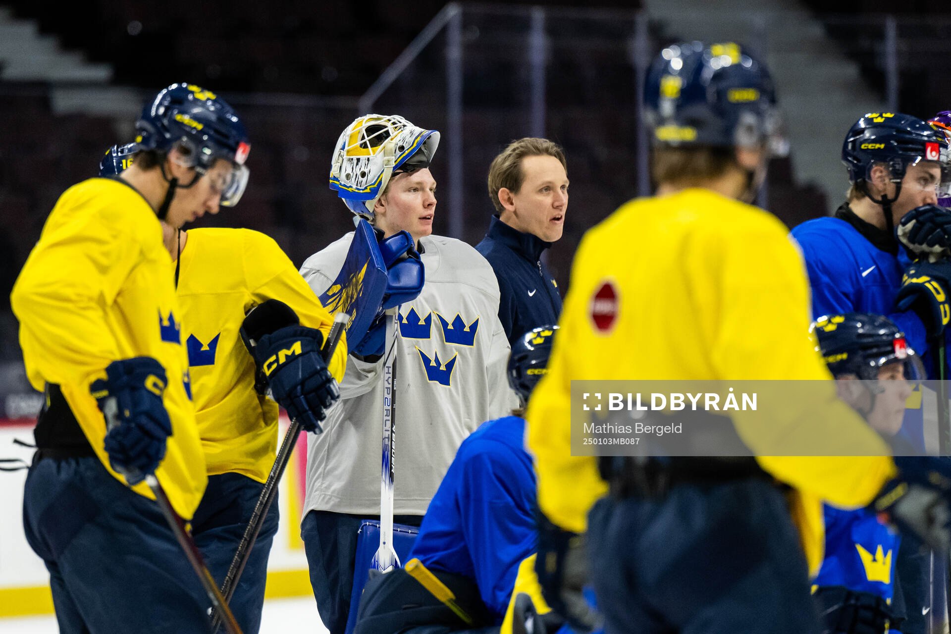 Goaltender Melker Thelin of Sweden at a practice session