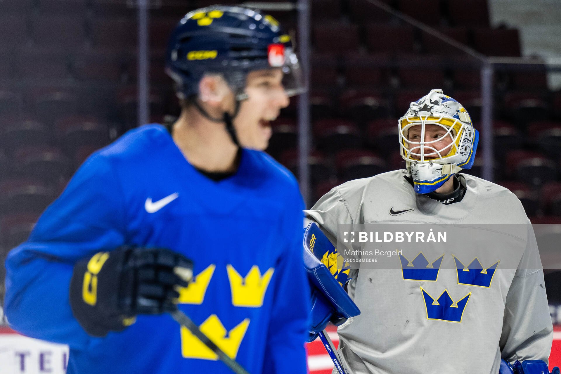 Goaltender Melker Thelin of Sweden at a practice session