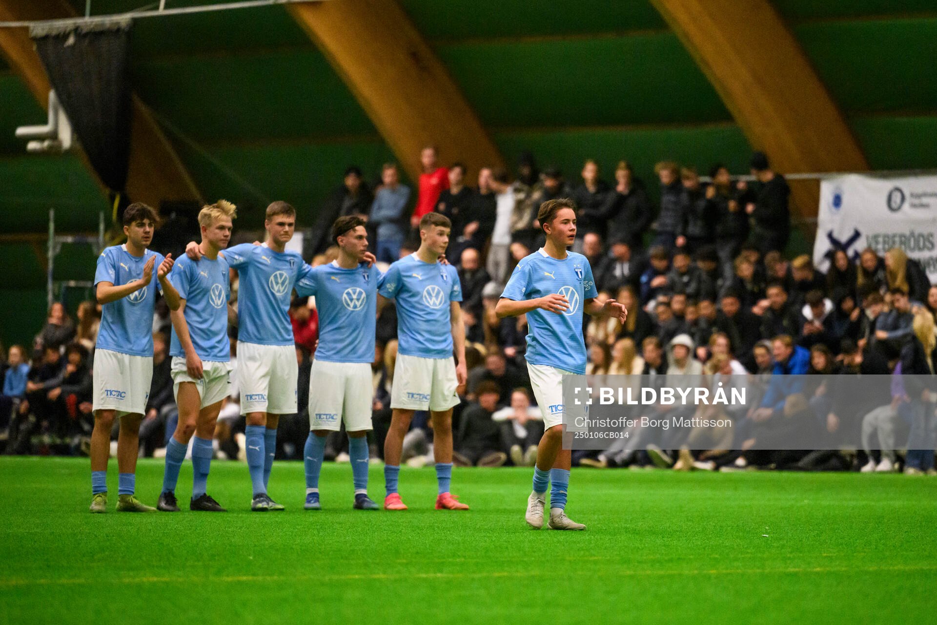 Malmö FF P16s Vidar Skoglund jublar under ungdomsturneringen Skånecupen i fotboll den 6 januari 2025 i Malmö. 