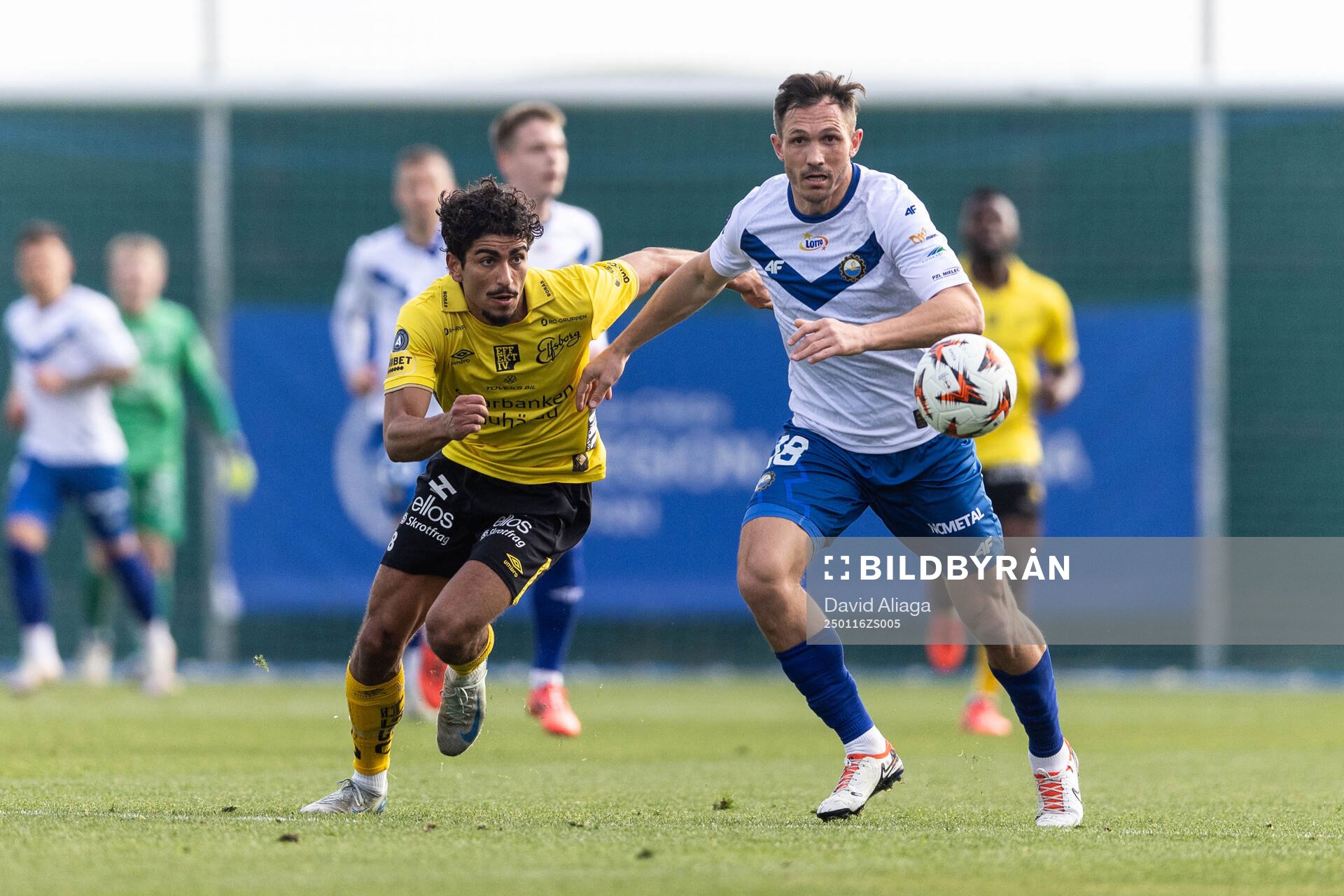 Ahmed Qasem of Elfsborg and Piotr Wlazlo of FKS Stal Mielec