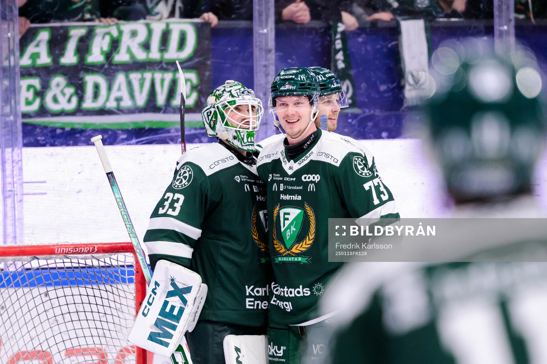 Färjestads målvakt Maxime Lagacé och Adam Ollas Mattsson