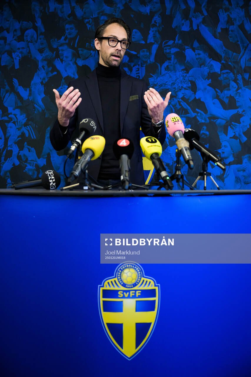 Tobias Tibell, acting general secretary of the Swedish Football Association, at a press conference following the decision to terminate the assignment of general secretary Andrea Möllerberg, on January 20, 2025 in Stockholm.
