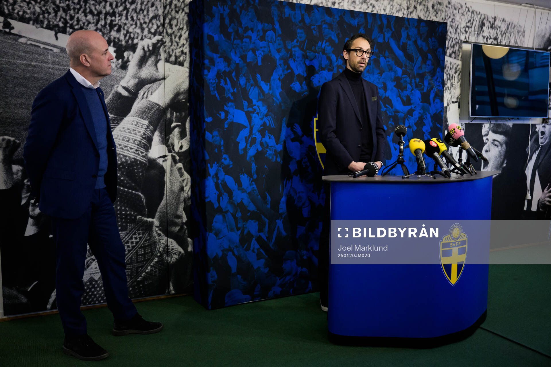 Fredrik Reinfeldt, president, and Tobias Tibell, acting general secretary of the Swedish Football Association, at a press conference following the decision to terminate the assignment of general secretary Andrea Möllerberg, on January 20, 2025 in Stockholm.
