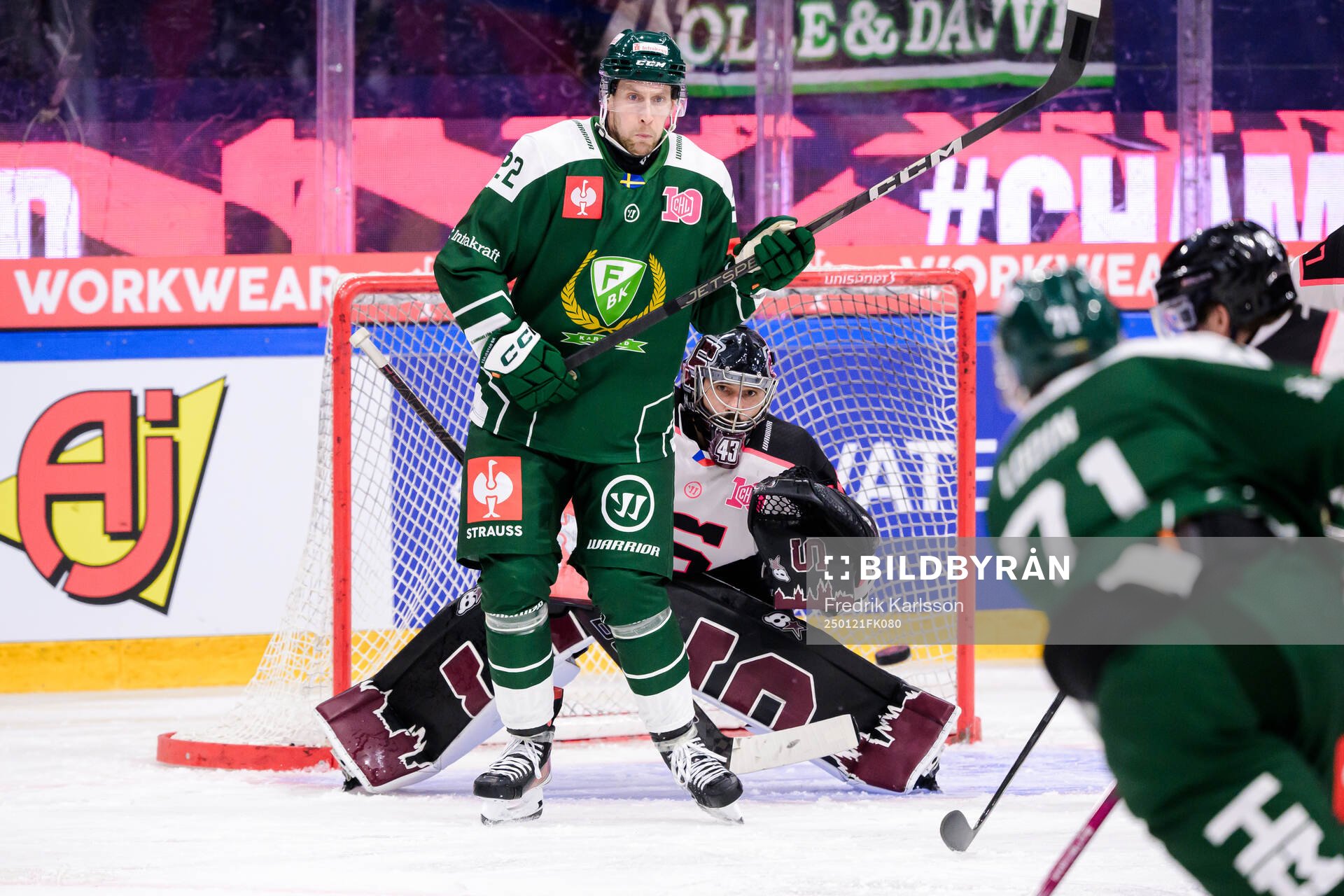 Per Åslund of Färjestad  and goaltender Jakub Kovar of